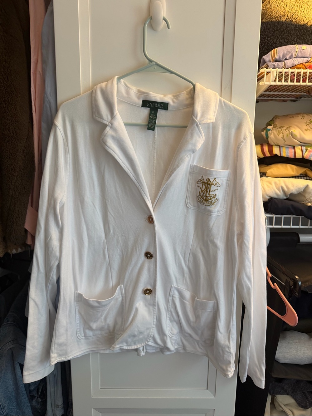 Ralph Lauren White Cotton Embroidered Crest Blazer